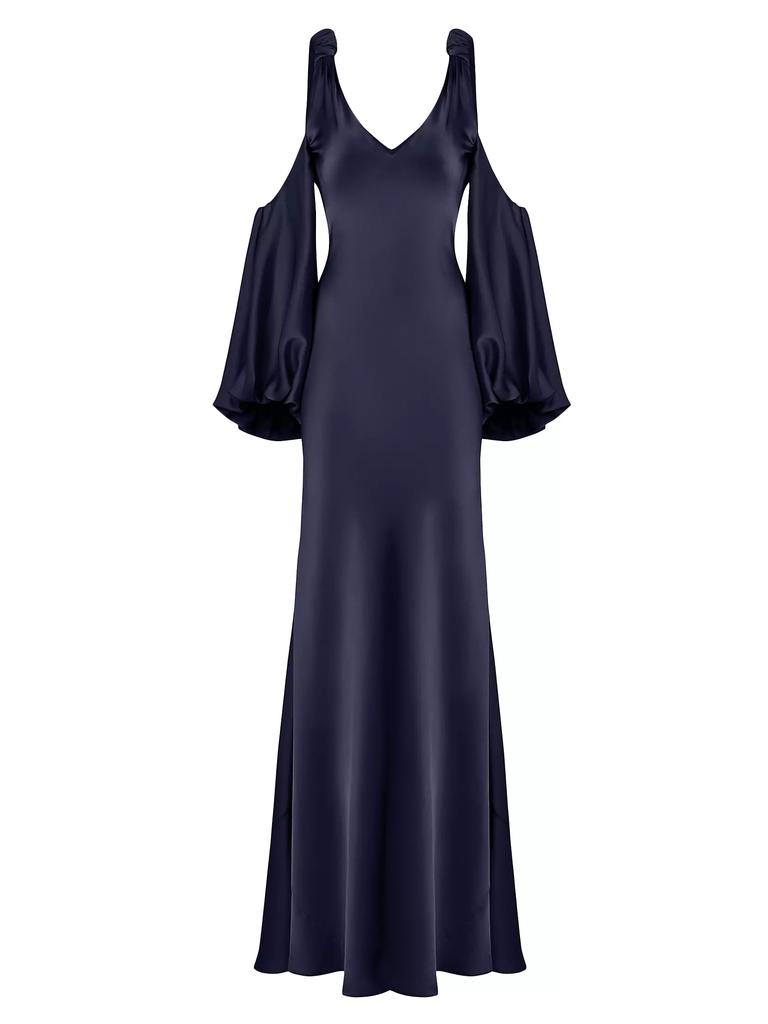 Halston Binnie Satin Balloon-Sleeve Gown