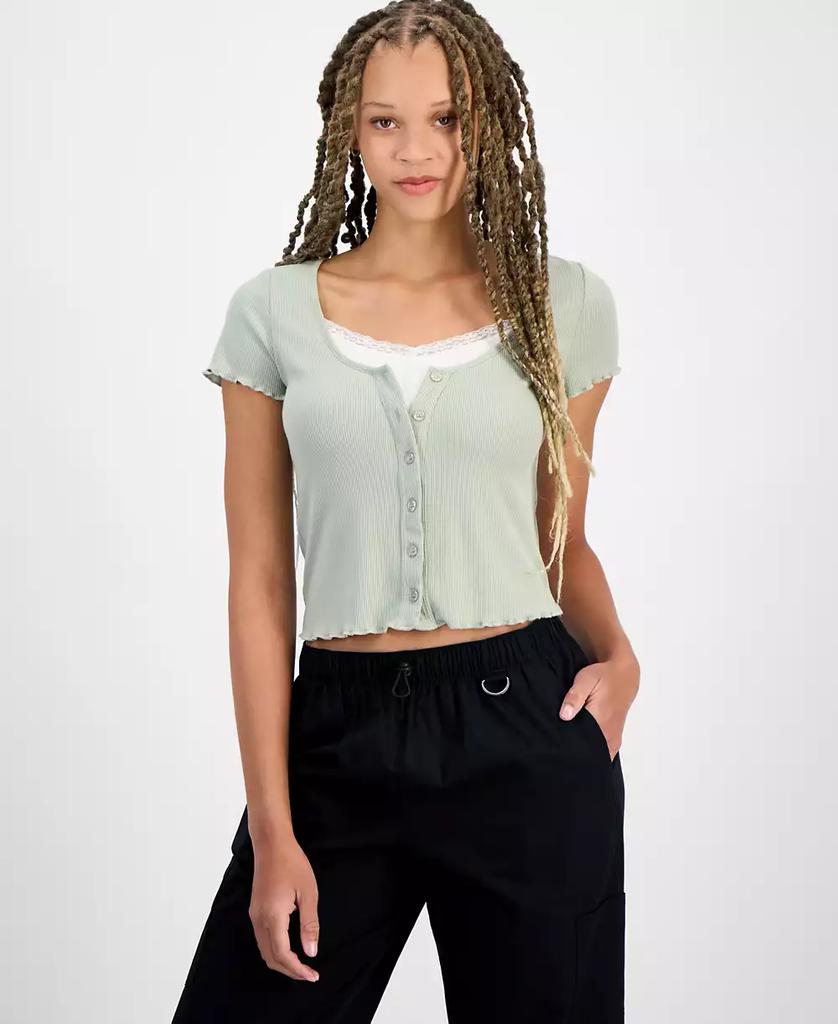 Hippie Rose Juniors' Scoop-Neck Lace Layered Tee