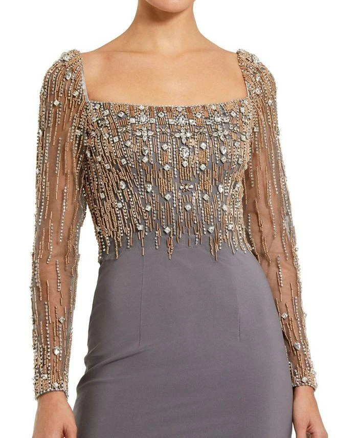 Mac Duggal Beaded Embellished Square Neck Long Sleeve Jersey Gown 2