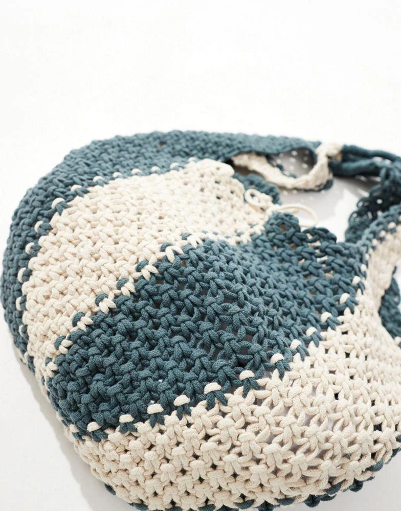 Pull&Bear Pull&Bear crochet bucket bag in green and white stripe 2