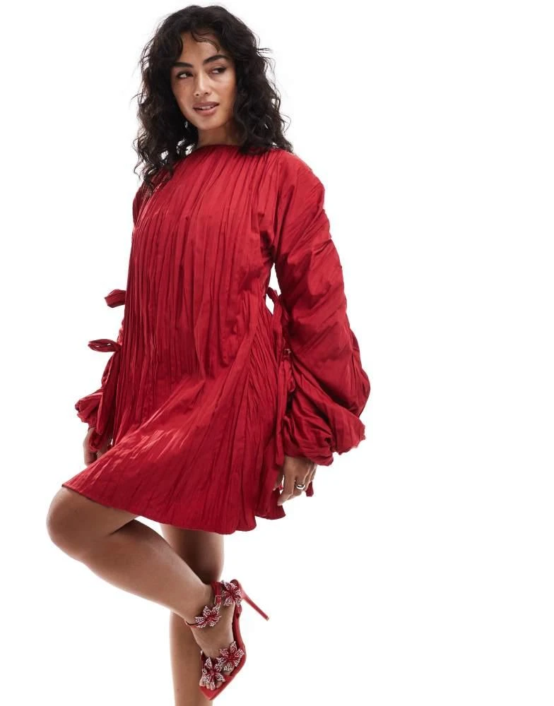 ASOS ASOS DESIGN structured satin crinkle tie detail cocoon sleeve mini dress in red 1