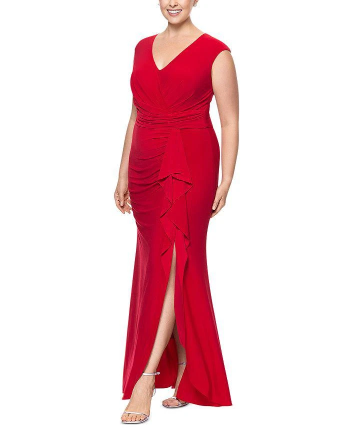 Betsy & Adam Plus V Neck Cascade Ruffle Gown 5