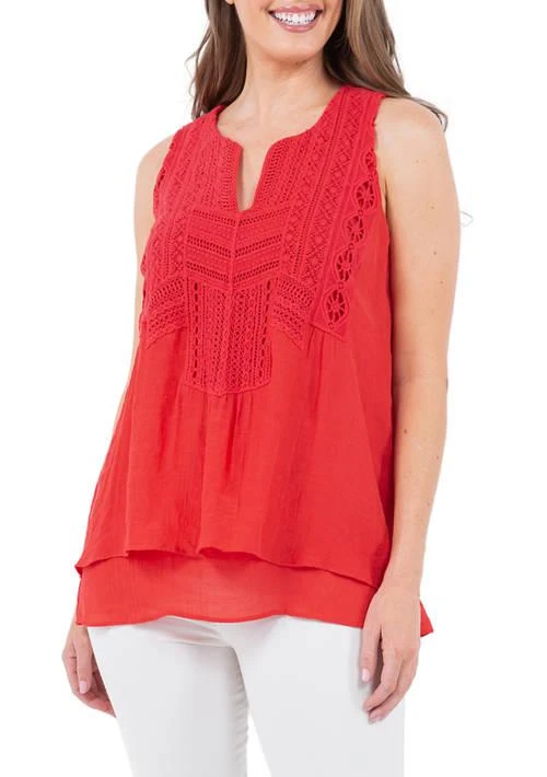 John Paul Richard Paul Richard Womens Double Layer Leno Gauze Top With Lace Yoke 1