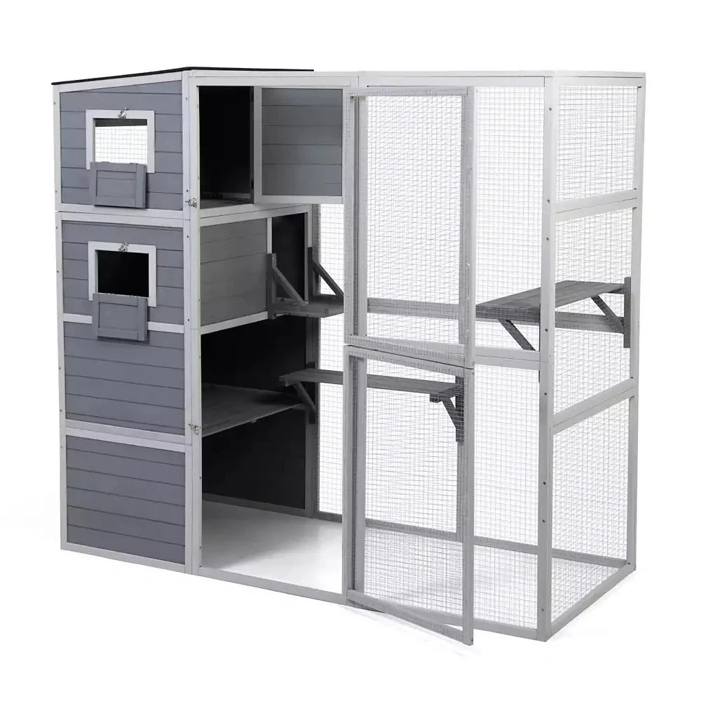 Streamdale Furniture Streamdale Large Wooden Cat Enclosure with Waterproof Roof and Platforms, Gray 9