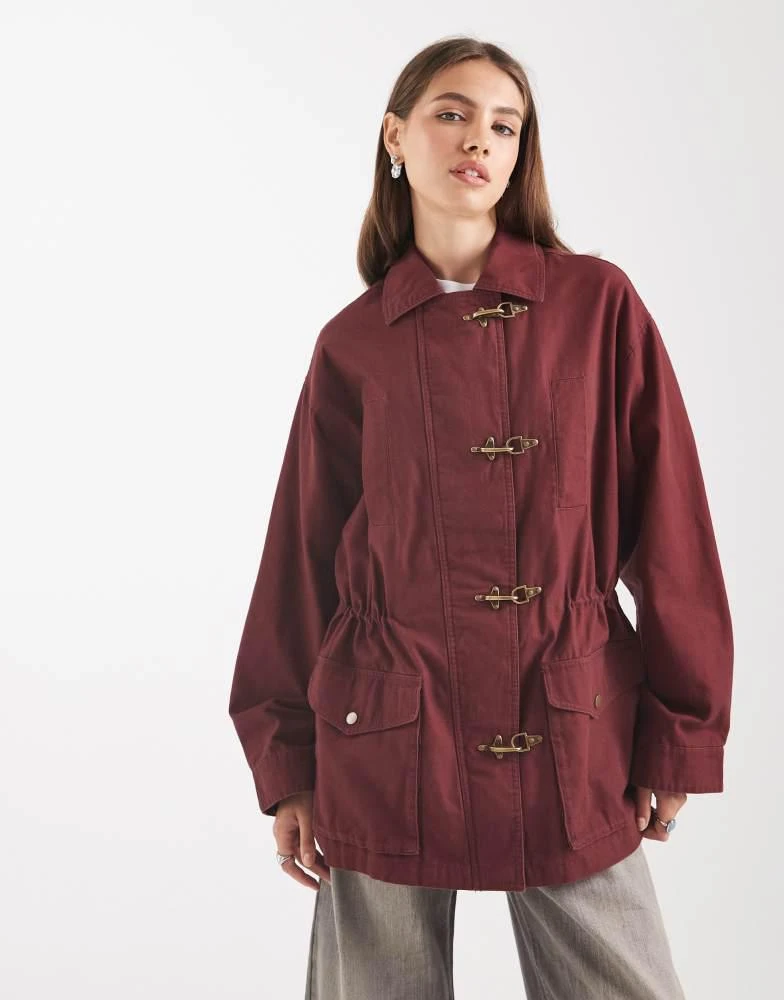 ASOS ASOS DESIGN cotton four pocket parka with trim detail in burgundy