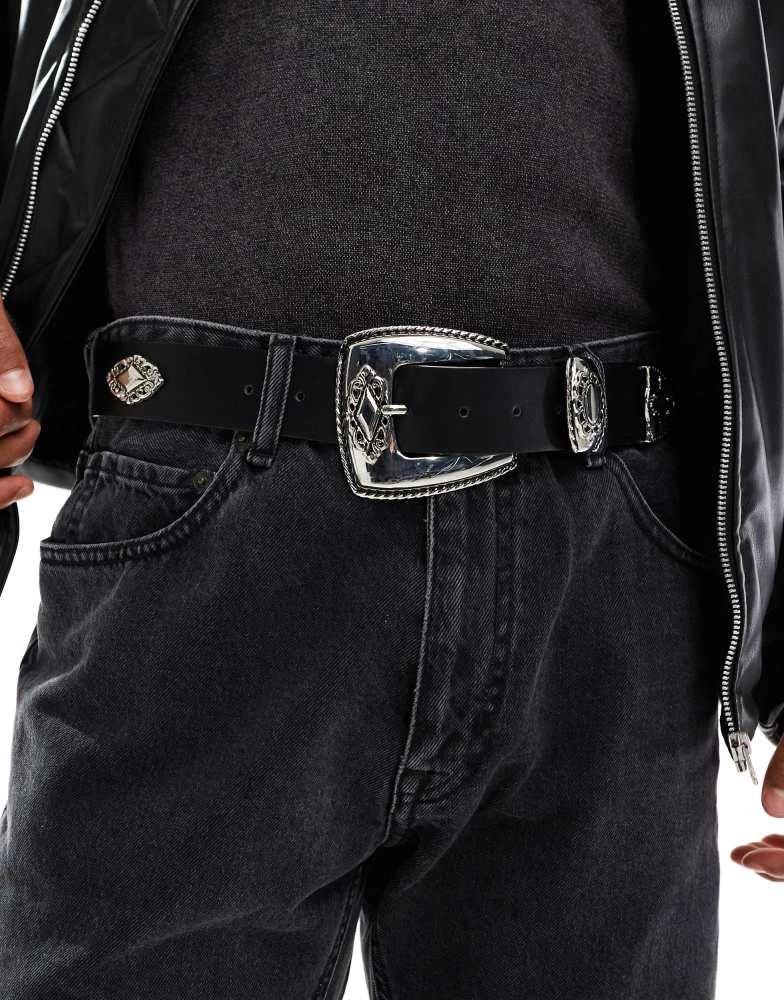 ASOS ASOS DESIGN faux leather belt with western buckle and metal details in black 1