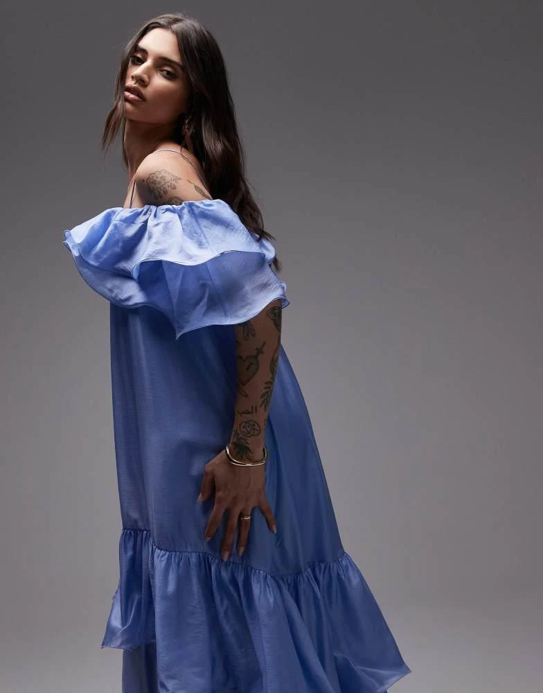 & Other Stories midaxi dress with off the shoulder and double ruffle detail in blue & Other Stories midaxi dress with off the shoulder and double ruffle detail in blue