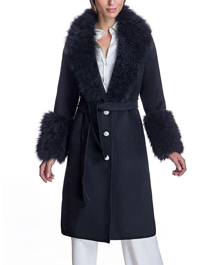 Maximilian Belted Wool Coat with Rhinestone Button 1