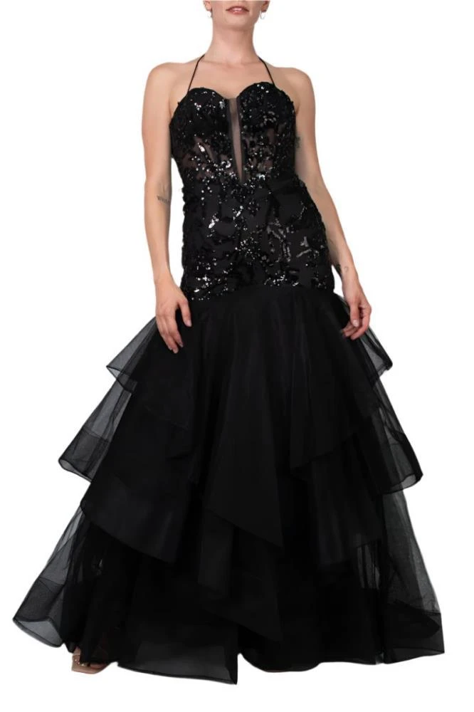 TRUEDAMES Embroidered Plunging Neckline Gown