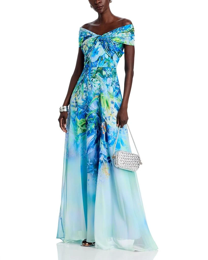 Teri Jon Chiffon Criss Cross Off-the-Shoulder Leaf Print Gown 3