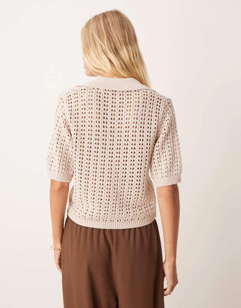 Brave Soul Brave Soul Pointelle knit collared t-shirt in stone 4