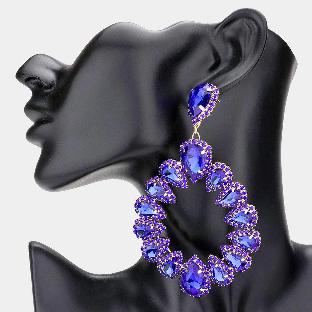 FASHNZFAB Teardrop Stone Cluster Dangle Evening Earrings - Sapphire