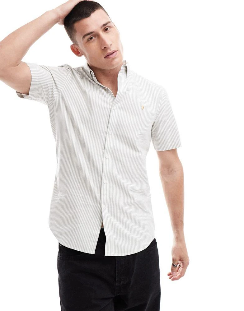Farah Farah Brewer slim fit stripe short sleeve shirt in white 1