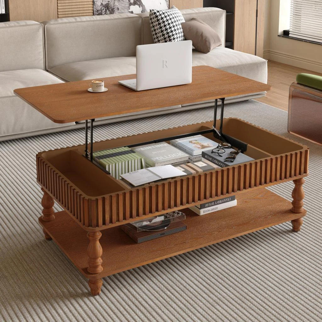Streamdale Furniture Streamdale Vintage Brown Lift Top Coffee Table - Solid Wood, Tool-Free Assembly 5