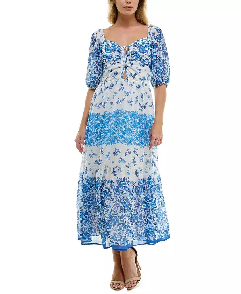 Trixxi Juniors' Printed Cutout-Front Elbow-Sleeve Maxi Dress 1