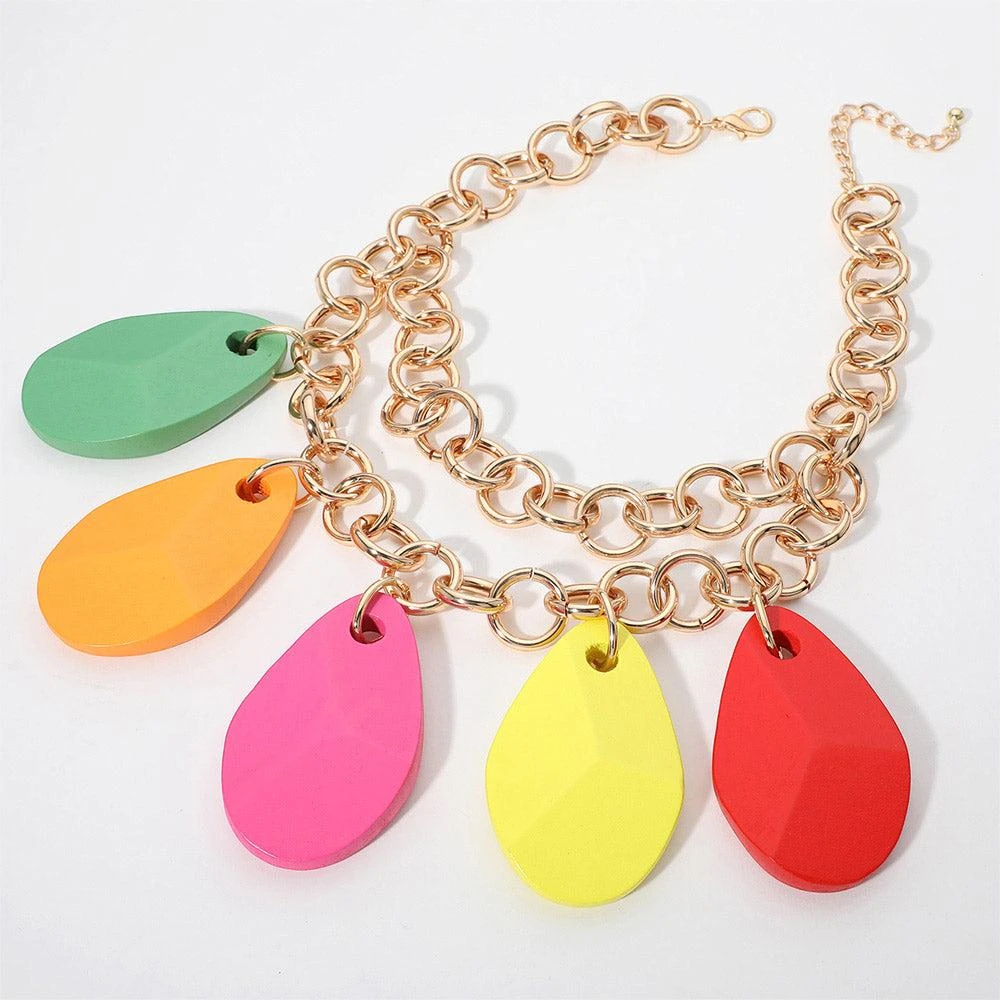 FASHNZFAB Oversized Wooden Teardrop Charm Chunky Double Layered Statement Necklace 2