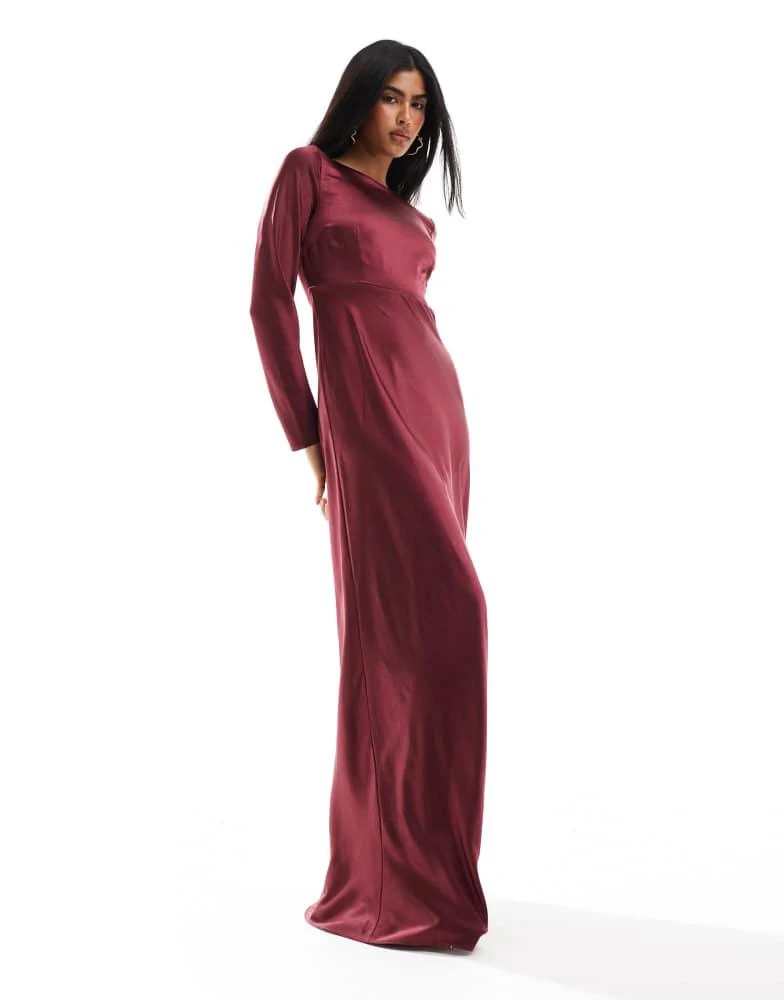 Six Stories Six Stories Bridesmaids long sleeve cowl back satin maxi dress in burgundy 1