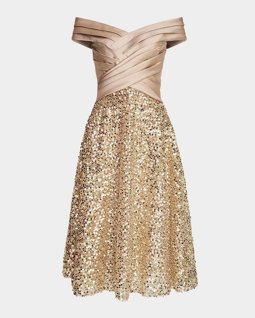 Theia Brandy Off-Shoulder Pleated Sequin Midi Dress 1
