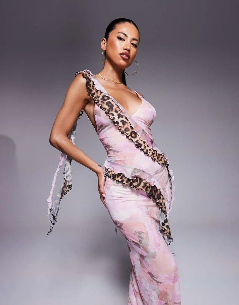 ASOS ASOS DESIGN mesh cami ruffle maxi dress in floral and animal print 4