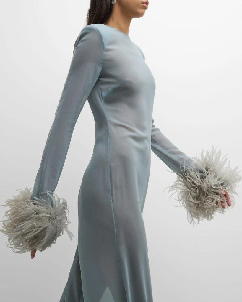 LAPOINTE Feather-Cuff Long-Sleeve Strong-Shoulder Sheer Georgette Maxi Dress 7
