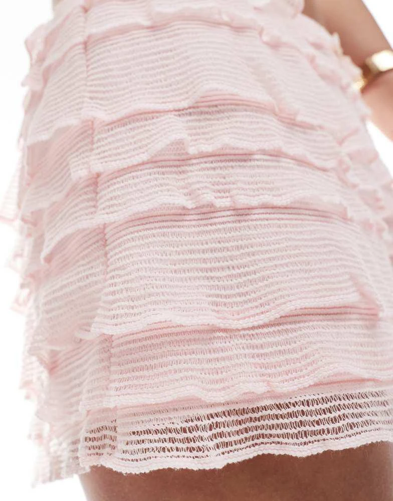 Monki Monki ruffle mini bloomer shorts in light pink 4