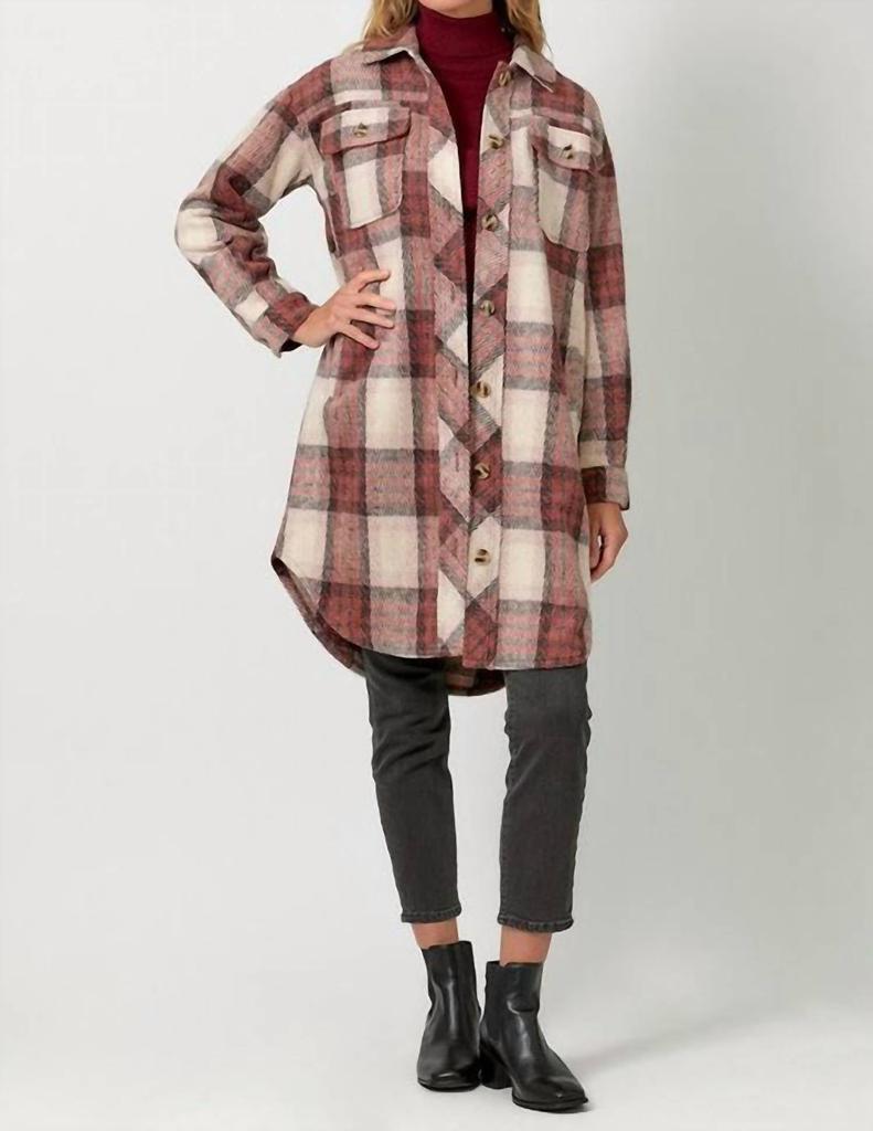mystree Noelle Plaid Longline Shacket In Red Multi