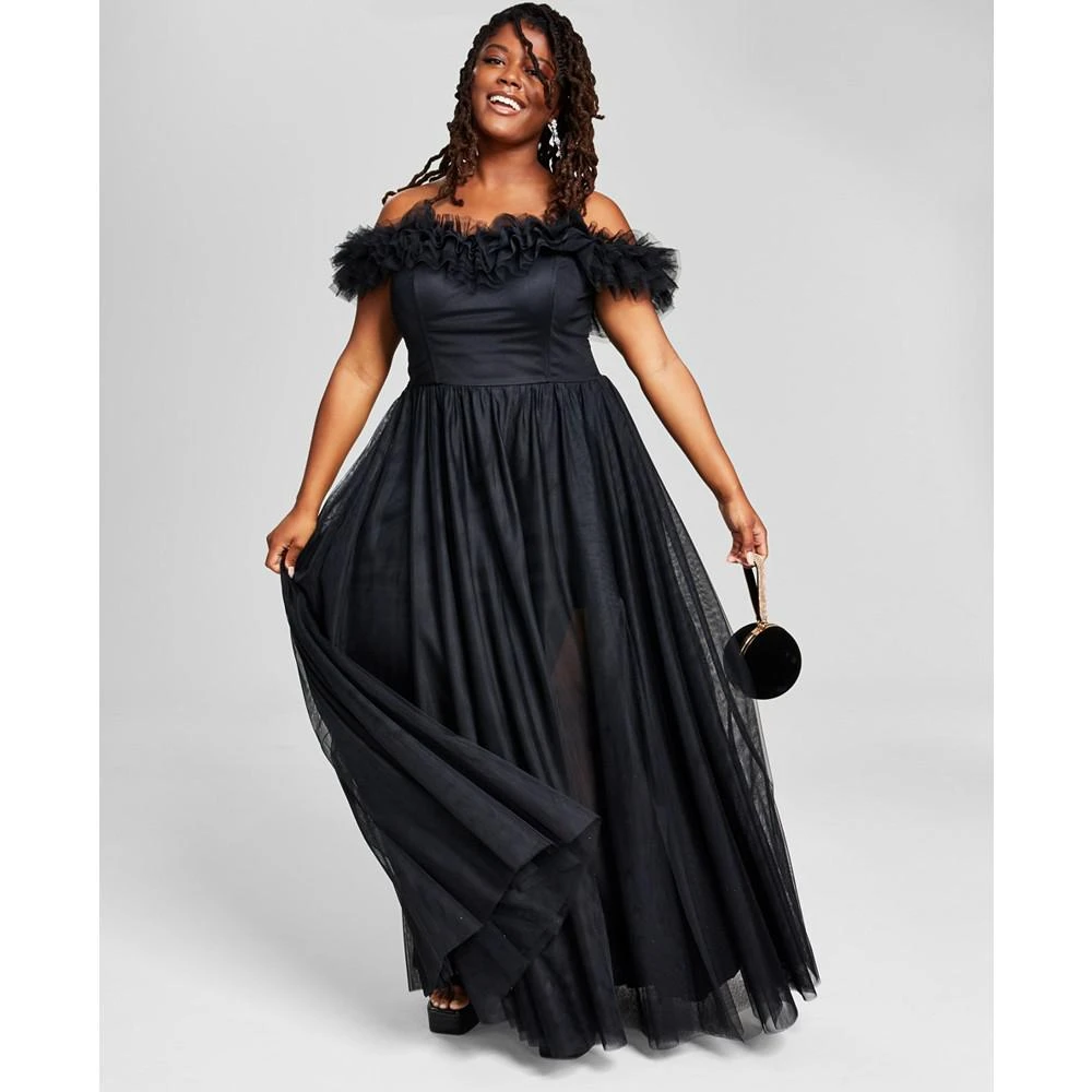 City Studios Trendy Plus Size Tulle-Trim Off-The-Shoulder Gown, Created for Macy's