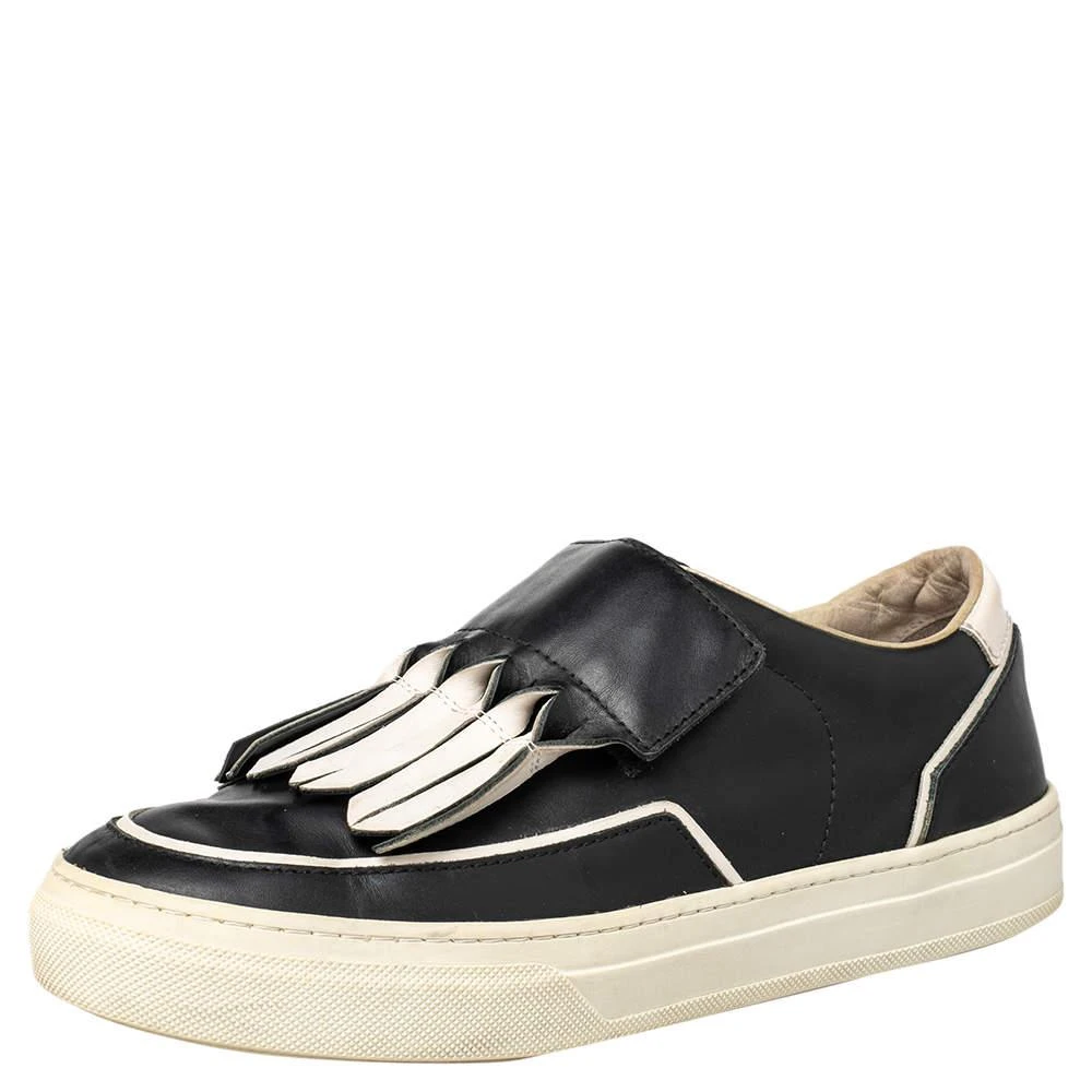 Tod's Tod's Black/White Leather Fringe Detail Slip On Sneakers Size 37 1