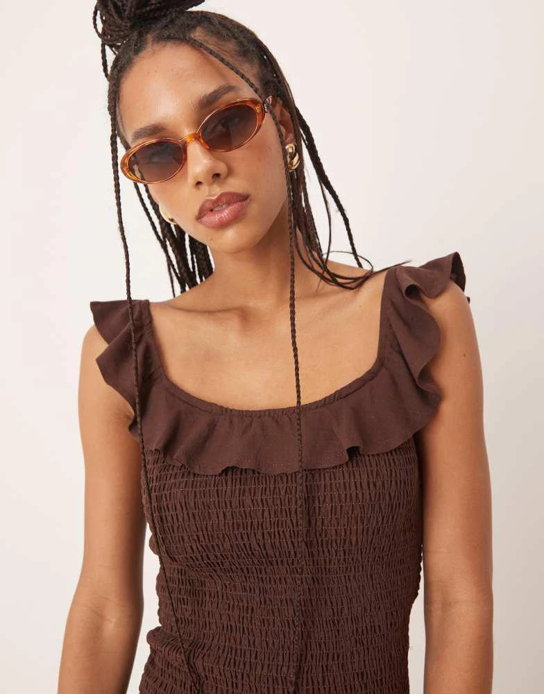 Shop ASOS DESIGN linen blend ruffle shirred drop waist dress in chocolate  on Sale at BeyondStyle  Get 10% Off ASOS DESIGN linen blend ruffle shirred drop  waist dress in chocolate with