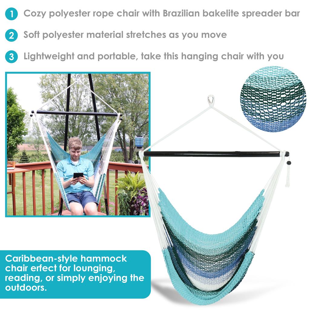 Sunnydaze Polyester Rope Hanging Caribbean-Style Hammock Chair Swing for Patio, Porch, or Yard - Lagoon Stripes