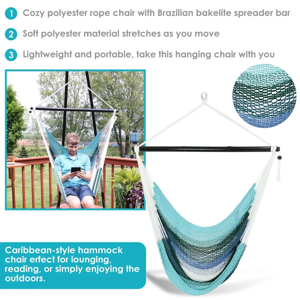Sunnydaze Polyester Rope Hanging Caribbean-Style Hammock Chair Swing for Patio, Porch, or Yard - Lagoon Stripes 2