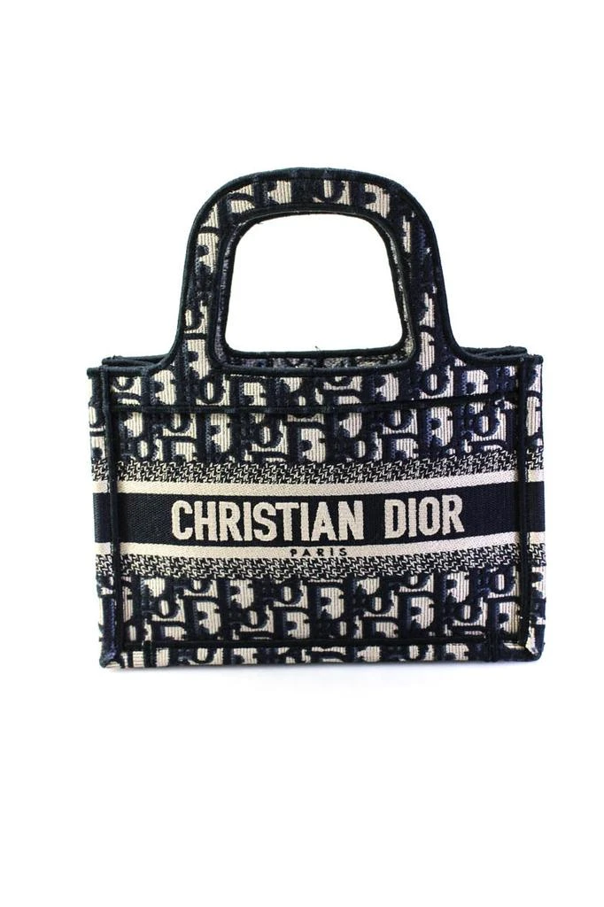 Dior Womens Oblique Mini Book Tote Handbag Navy Blue White Canvas 1