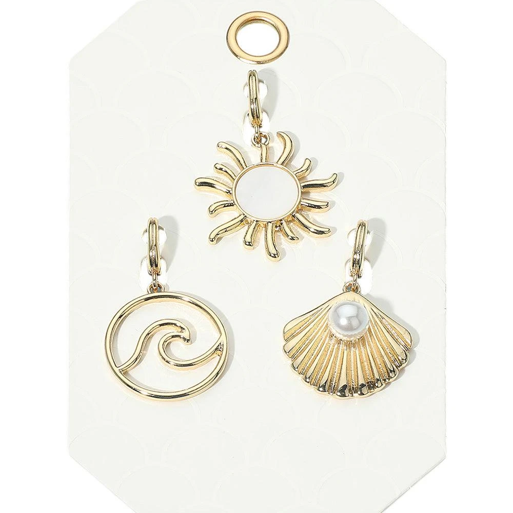 FASHNZFAB 3PCS - Ocean Inspired Mother of Pearl Sun Wave Pearl Seashell Pendant Charm Set - Gold 2