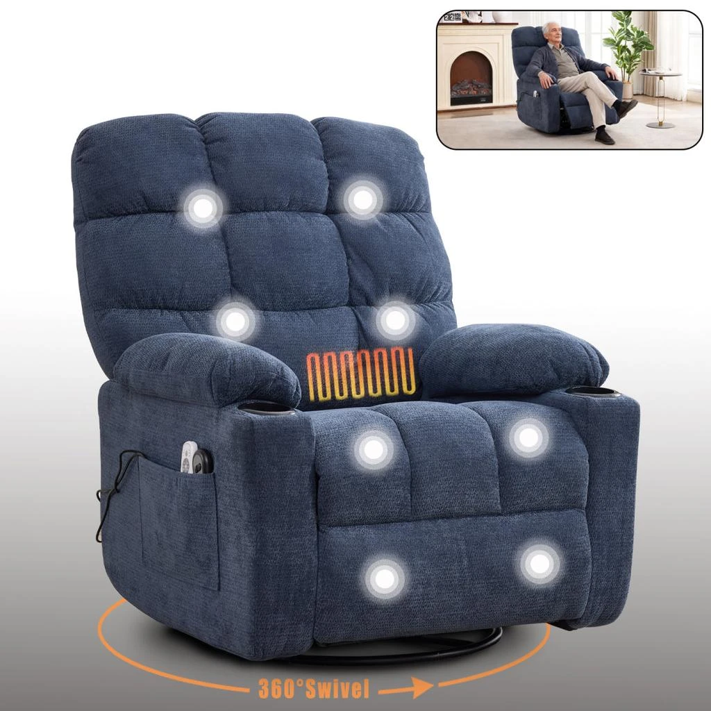 Streamdale Furniture Streamdale Blue Fabric Recliner Chair with Heat Massage, Rocker 
Swivel 4