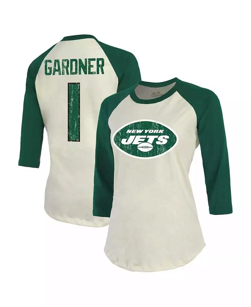 Majestic Women's Threads Ahmad Sauce Gardner Cream, Green New York Jets Player Name and Number Raglan 3/4-Sleeve T-shirt 1