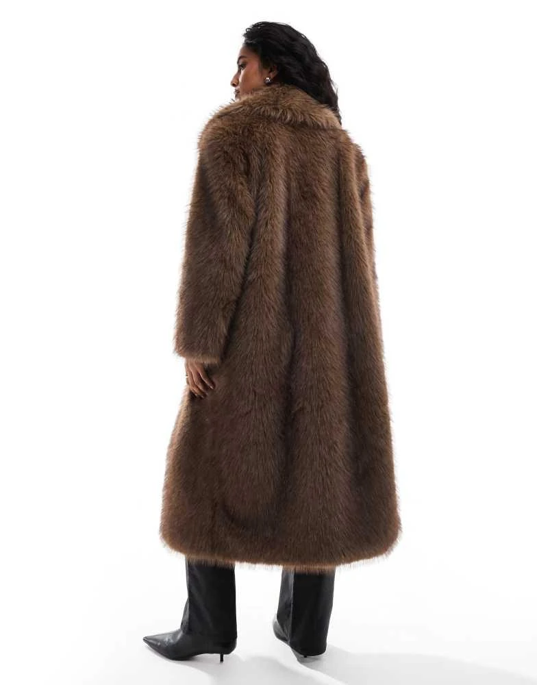 Stradivarius Stradivarius longline faux fur coat in brown 2