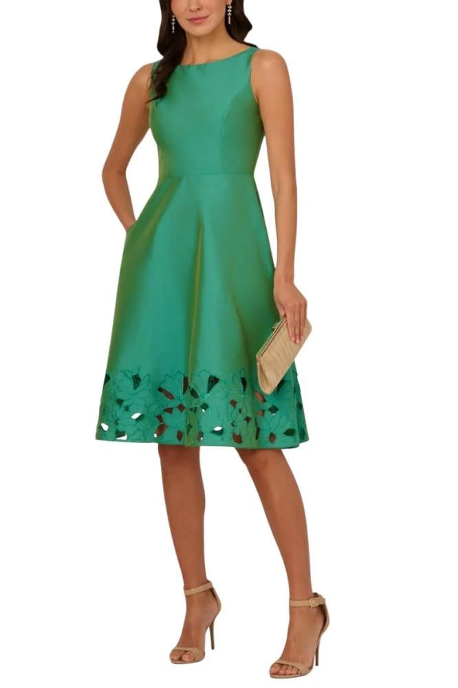 TRUEDAMES Palm Leaf Bateau Neck V-Back Neckline Wide Shoulder Straps Sleeveless Fit Bodice Side Seam Pockets Fit-And-Flare A-Line Gown Dress