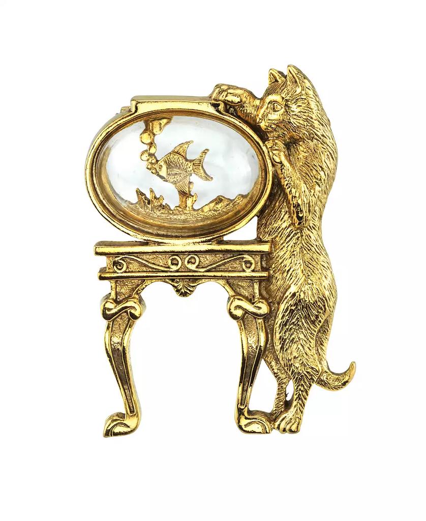 2028 14K Gold-Dipped Crystal Cat and Fish Bowl Pin