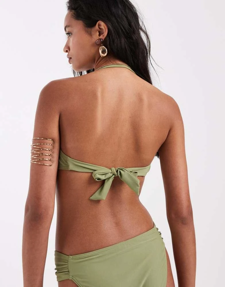 New Look New Look gold trim bandeau bikini top in green 3