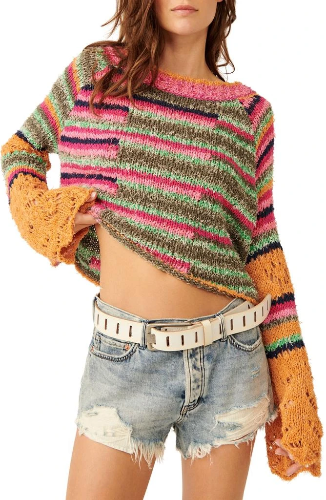 Free People Butterfly Mixed Stripe Cotton Blend Sweater 1