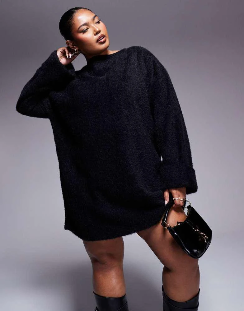 ASOS ASOS DESIGN Curve supersoft fluffy slouchy jumper mini dress in black 1