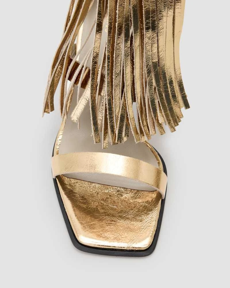 ALL SAINTS AllSaints Paola Met leather fringe heeled sandal in gold 3