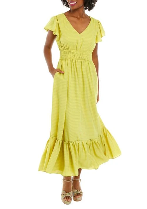 Taylor Womens Short Sleeve V Neck Smocked Waist Solid Midi Dress 1