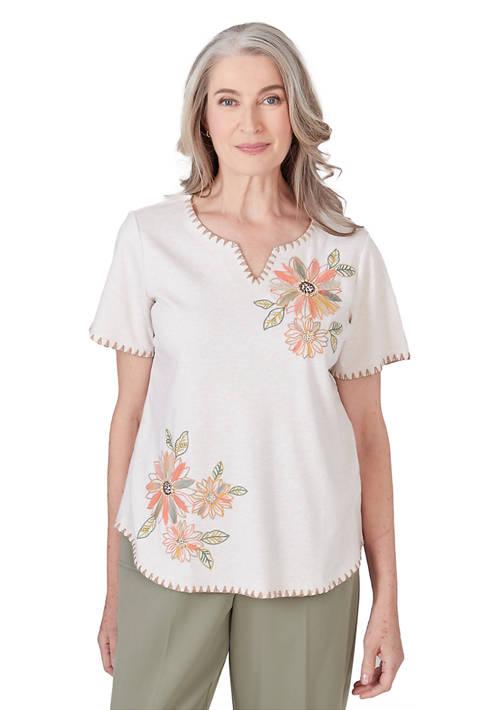 Alfred Dunner Dunner Petite Tuscan Sunset Embroidered Flowers Short Sleeve Top