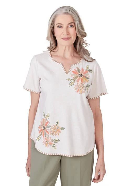 Alfred Dunner Dunner Petite Tuscan Sunset Embroidered Flowers Short Sleeve Top 1