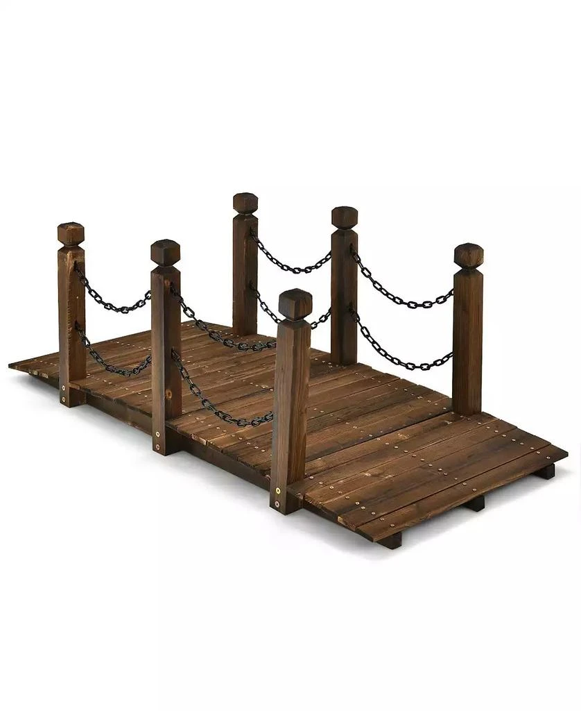 SKONYON 5 Feet Wooden Garden Bridge Arc Footbridge Stained Finish Walkway with Safety Rails