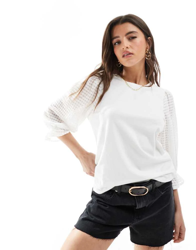 Object Object t-shirt with sheer textured sleeve in white 1