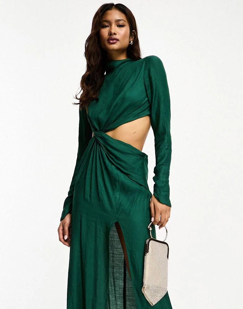 ASOS ASOS DESIGN twist waist maxi dress with high neck in green 4