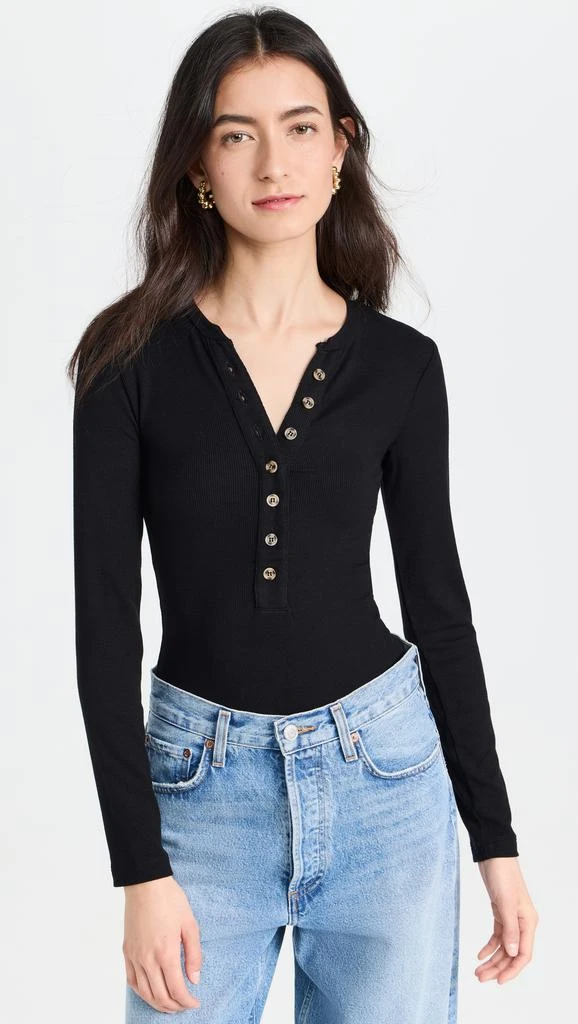 Ambitionist Button Up Ribbed Henley Thong Bodysuit 6