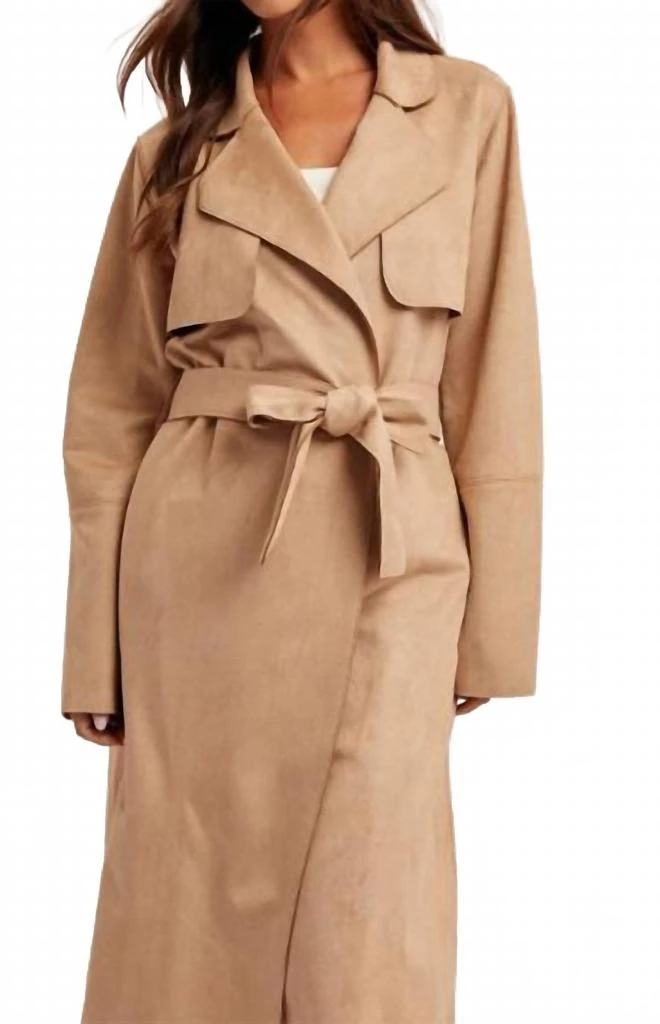 mystree Microsuede Belted Trench Coat In Beige 2